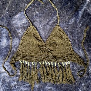 S Handmade in Thailand Black and pearl crochet halter bikini top with tassels
